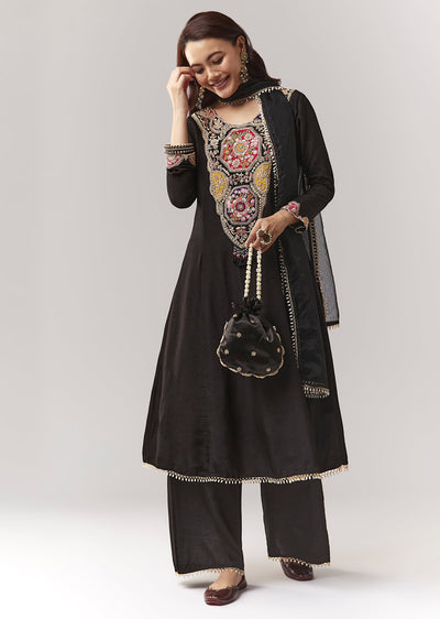 Black Patchwork Zardosi Thread Anarkali Pant Set With Dupatta