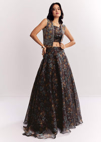 Black Printed Lehenga Choli With Mirror Work Jacket In Organza Tissue