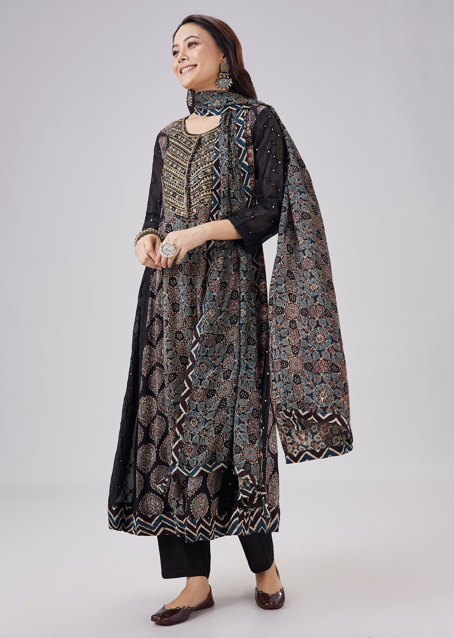Black Pure Ajrakh Printed Silk Anarkali Set With Zari Embroidery