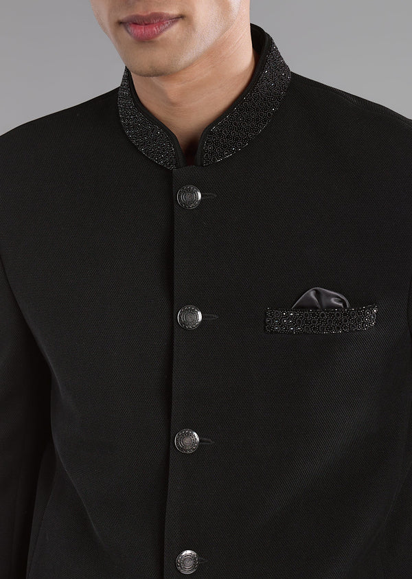 Black Rayon Jodhpuri Set with Bead Embroidery