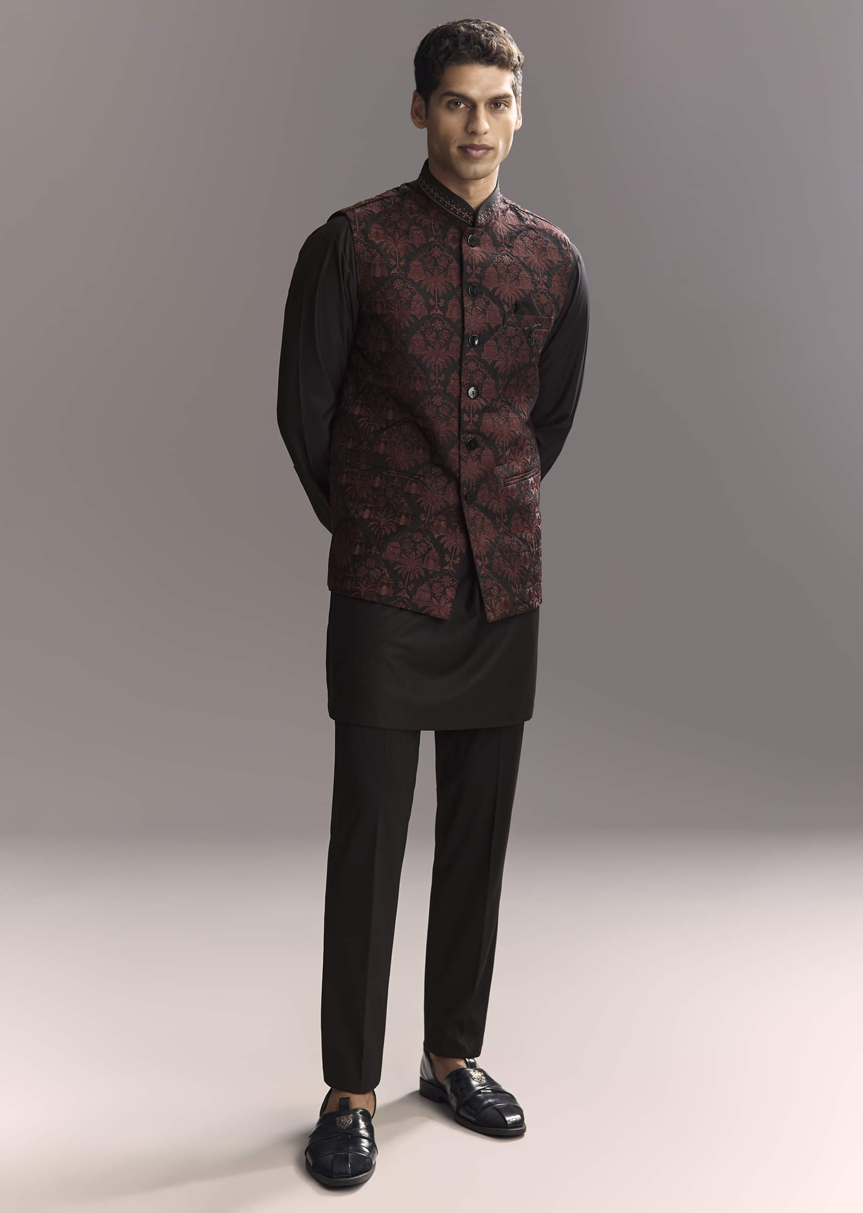 Black Rayon Kurta Jacket Set For Men With Intricate Resham Work