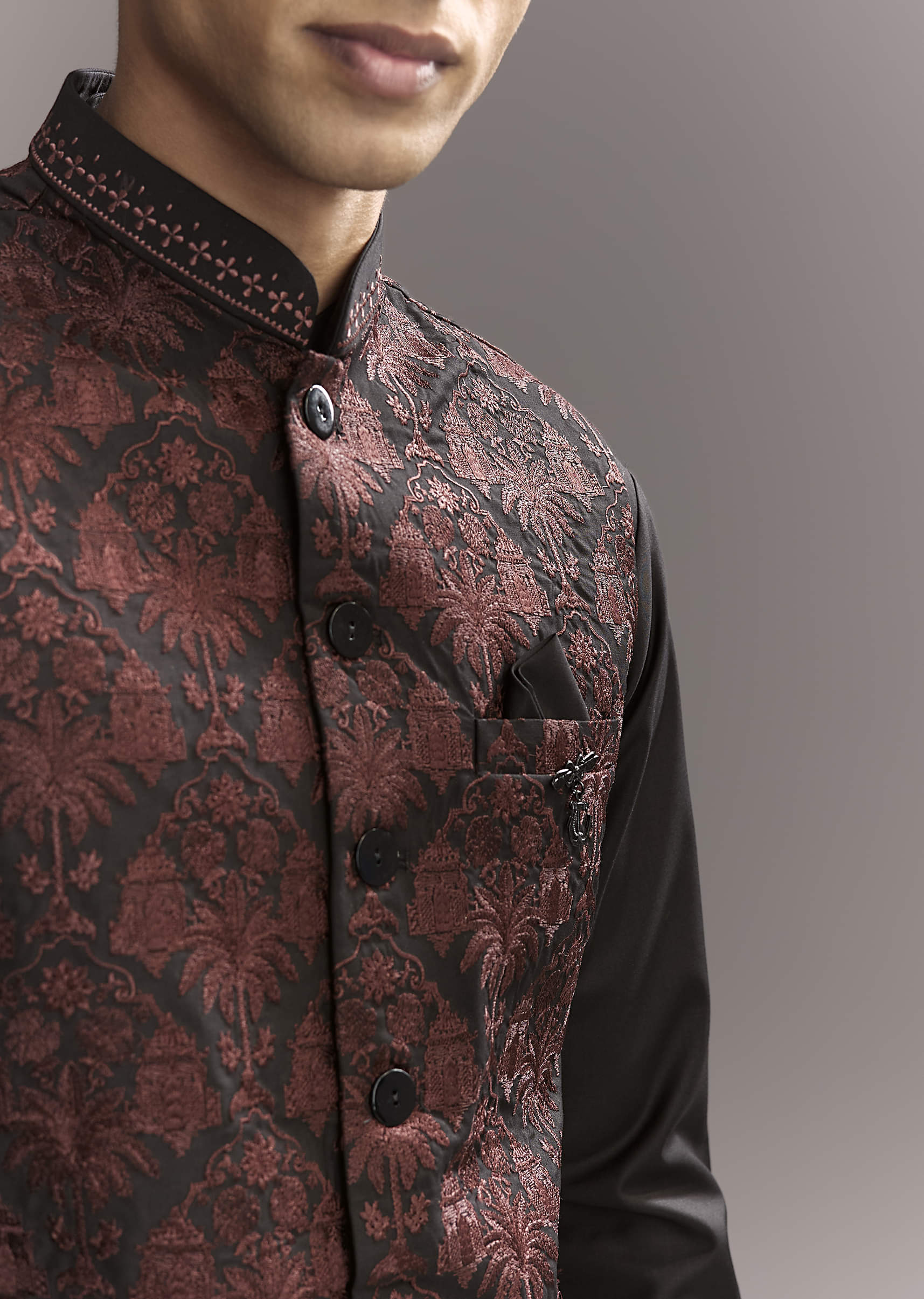 Black Rayon Kurta Jacket Set For Men With Intricate Resham Work
