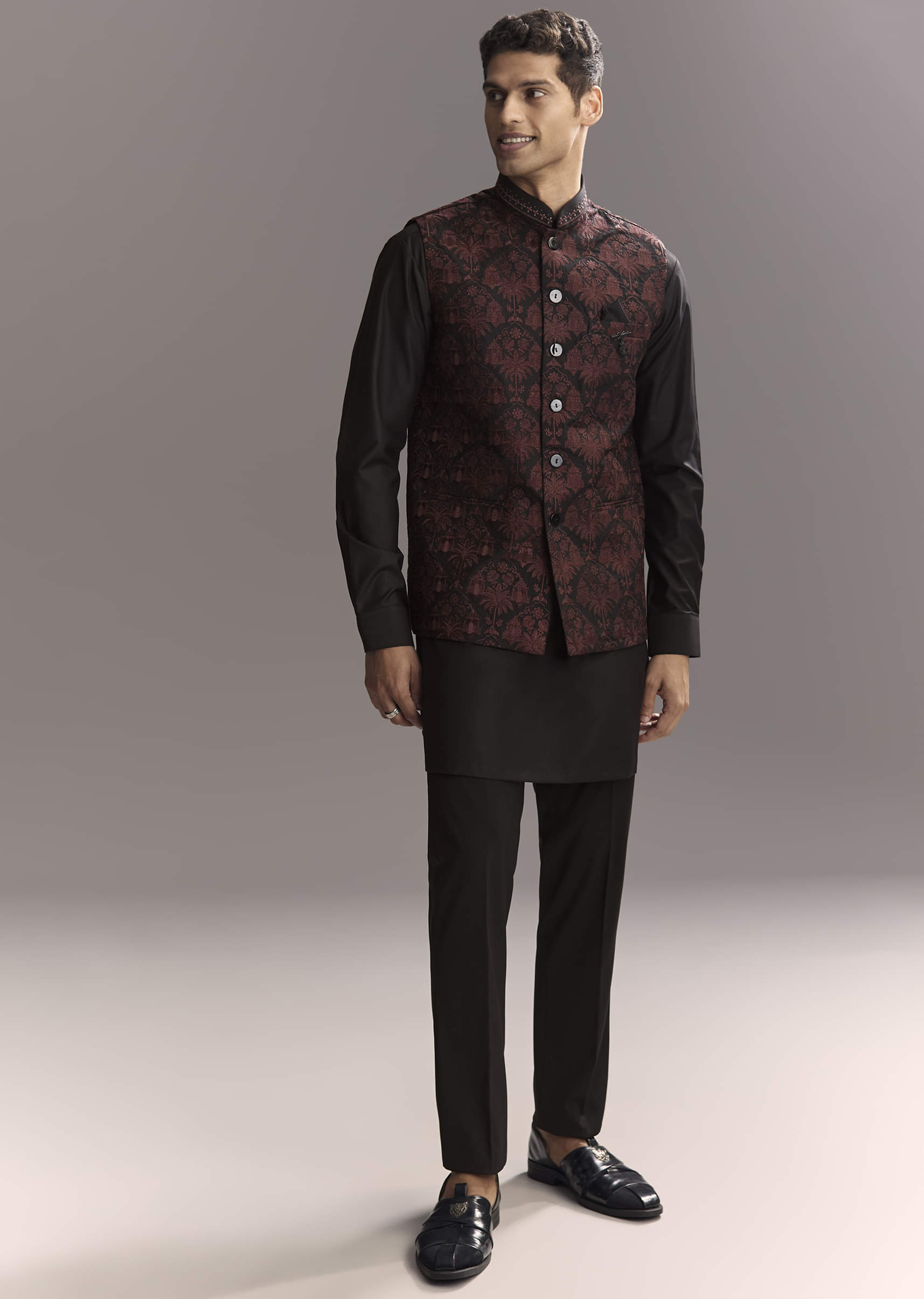Black Rayon Kurta Jacket Set For Men With Intricate Resham Work
