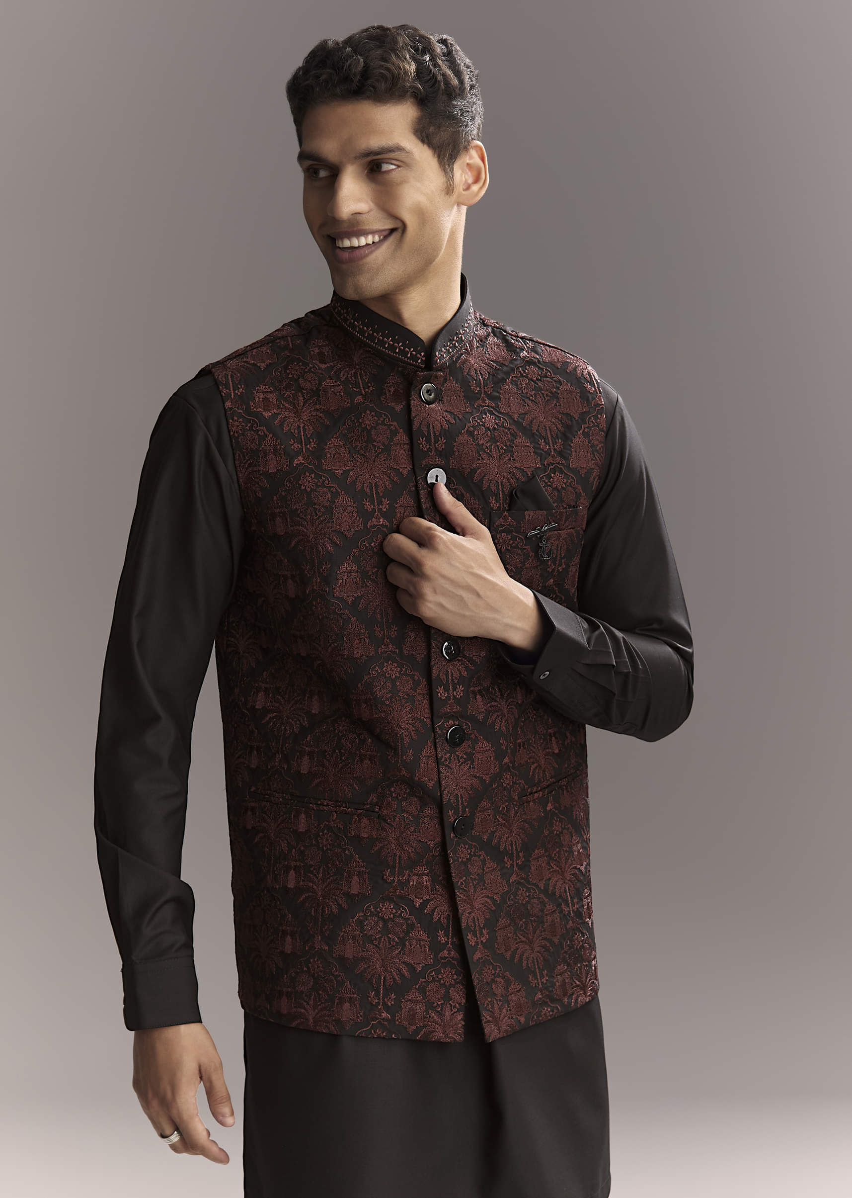 Black Rayon Kurta Jacket Set For Men With Intricate Resham Work