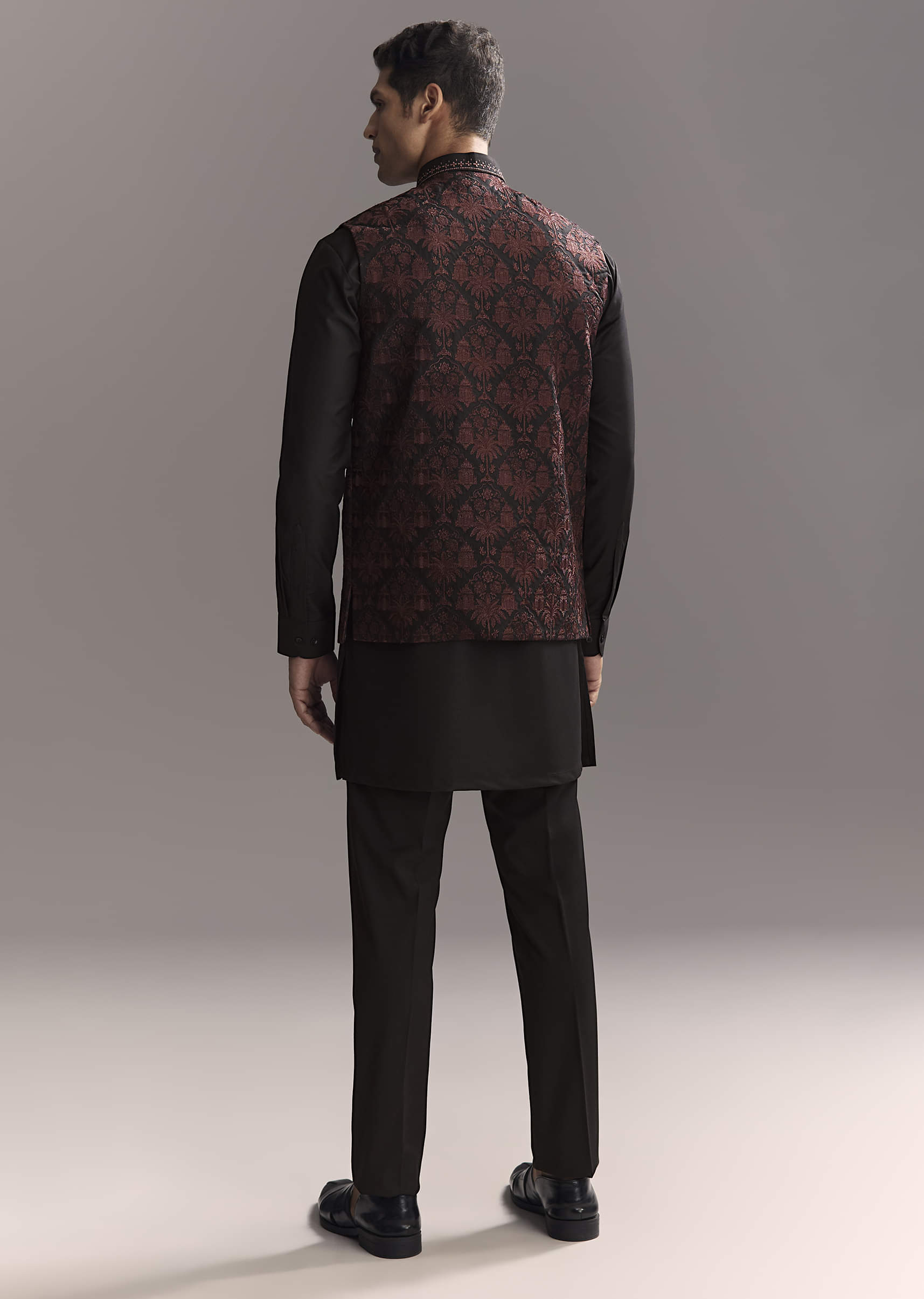 Black Rayon Kurta Jacket Set For Men With Intricate Resham Work