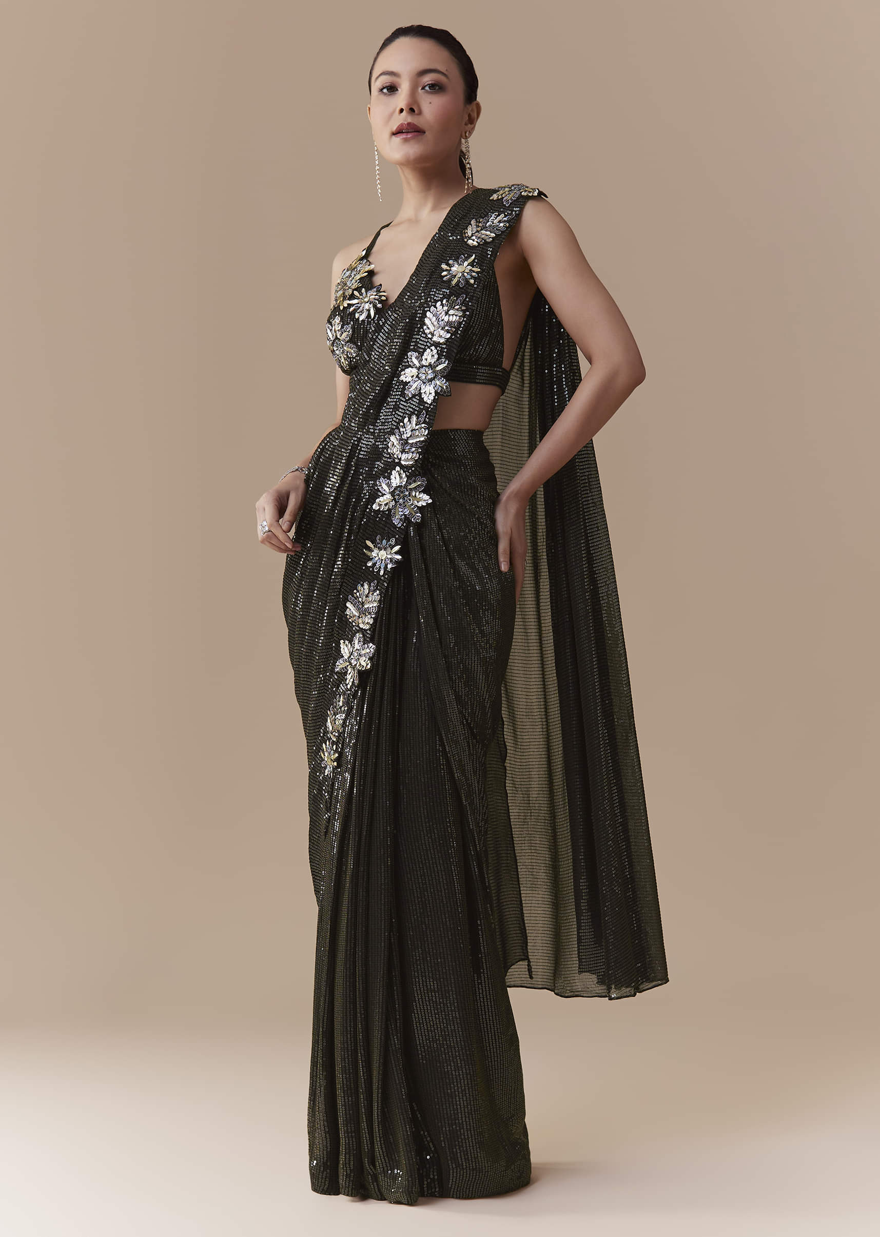 Black Ready Pleated Georgette Saree with Sequin Wor Blouse