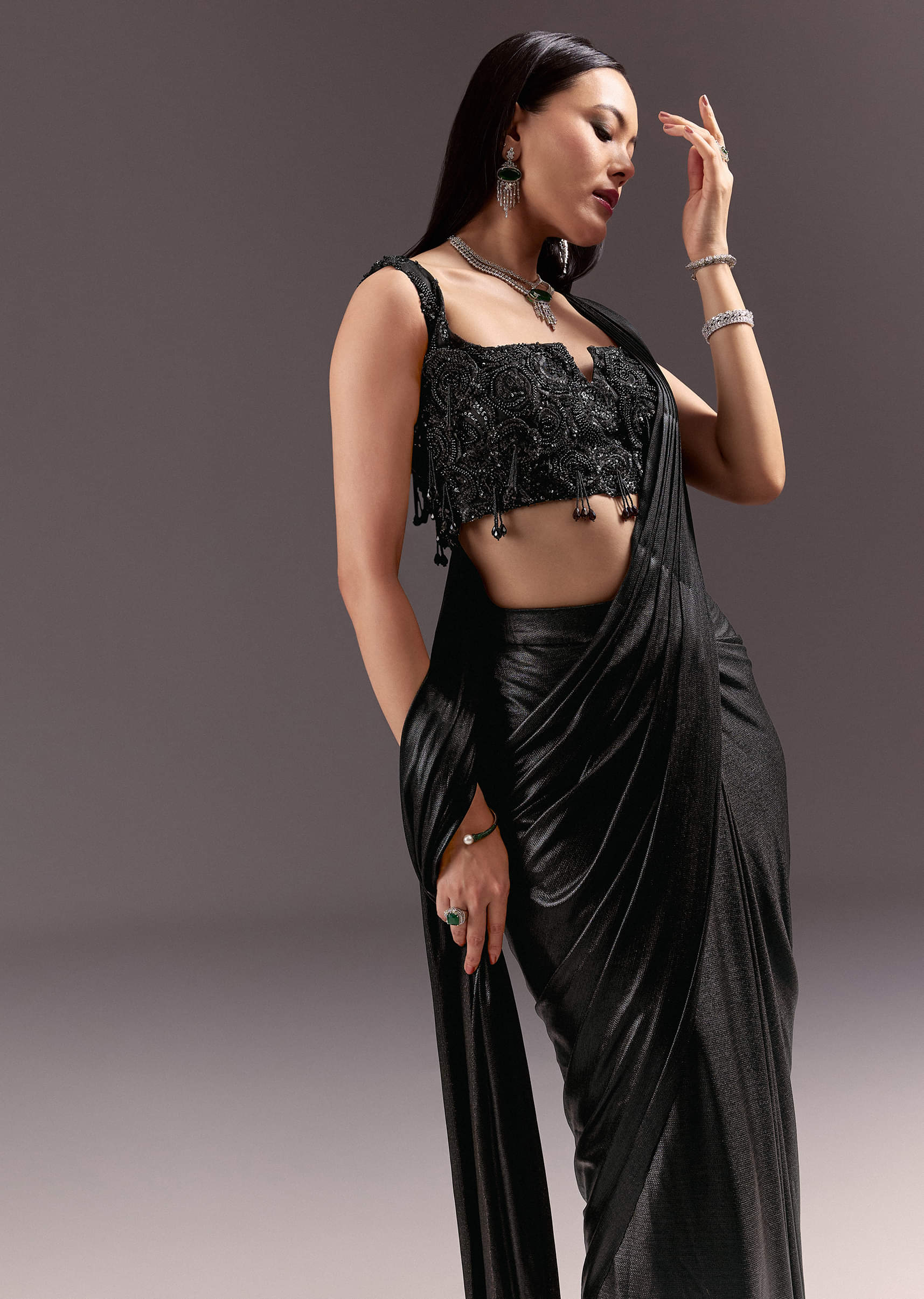 Black Ready To Drape Frill Saree With Ruching Blouse