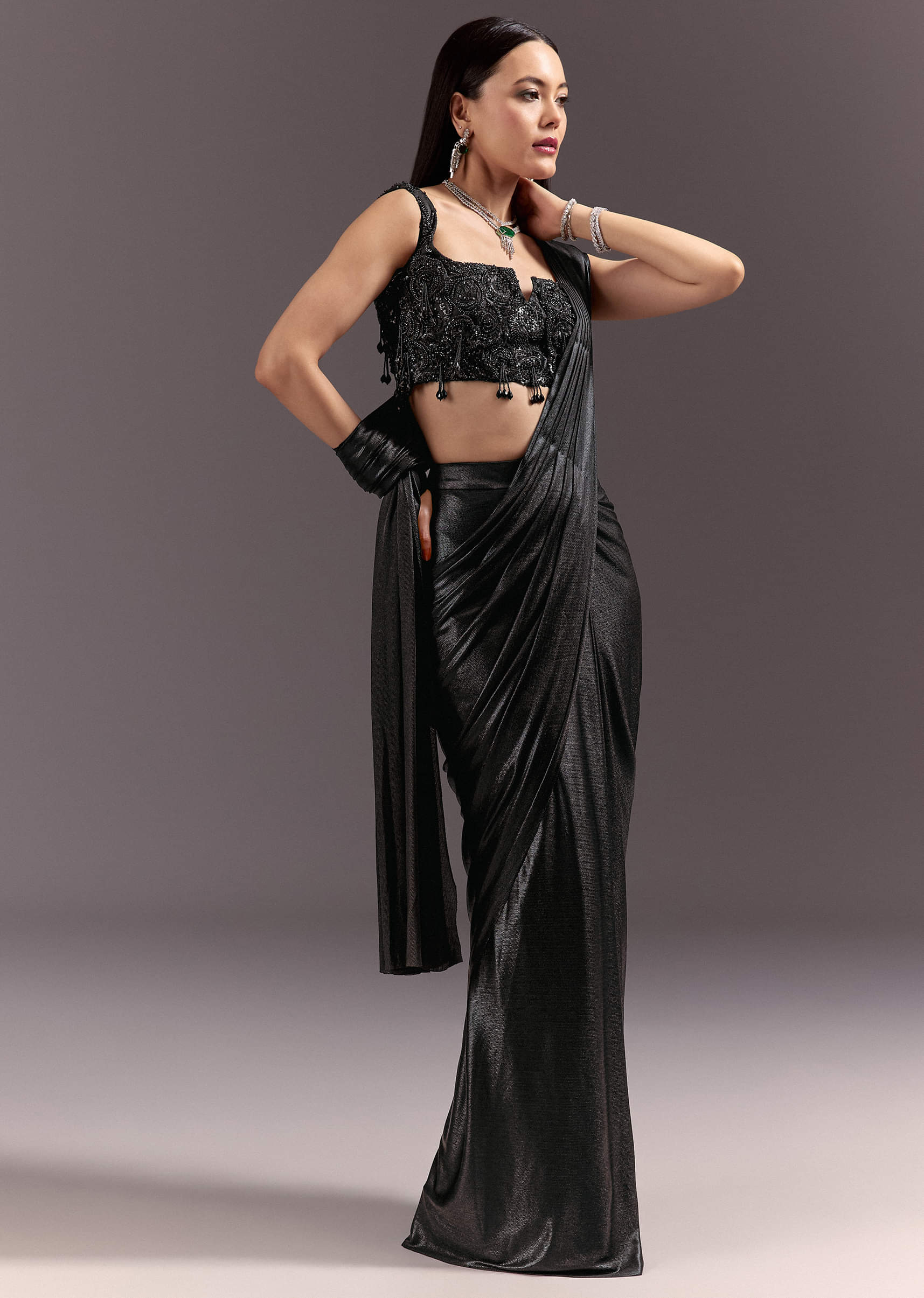 Black Ready To Drape Frill Saree With Ruching Blouse
