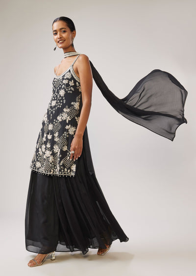 Black Sequin Cut Dana Strap Kurta Palazzo Set With Dupatta