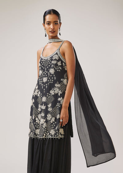 Black Sequin Cut Dana Strap Kurta Palazzo Set With Dupatta