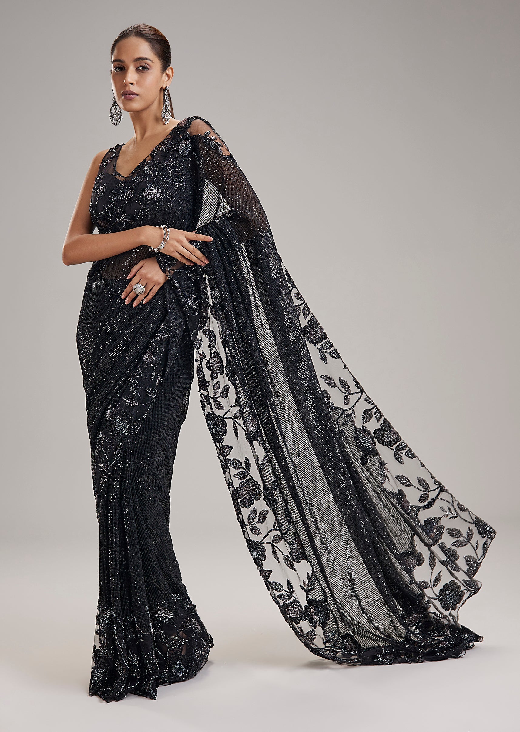 Black Sequins Embellished Georgette Saree With Cutdana Lace Border