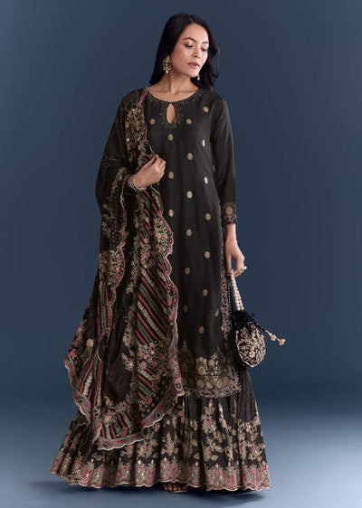 Black Silk Anarkali Suit With Zari Butti And Floral Print