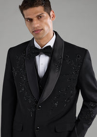 Black Silk Cutdana Embellished Tuxedo Set with Bow Tie
