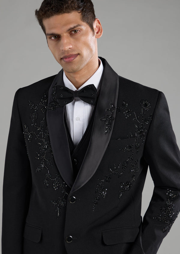 Black Silk Cutdana Embellished Tuxedo Set with Bow Tie
