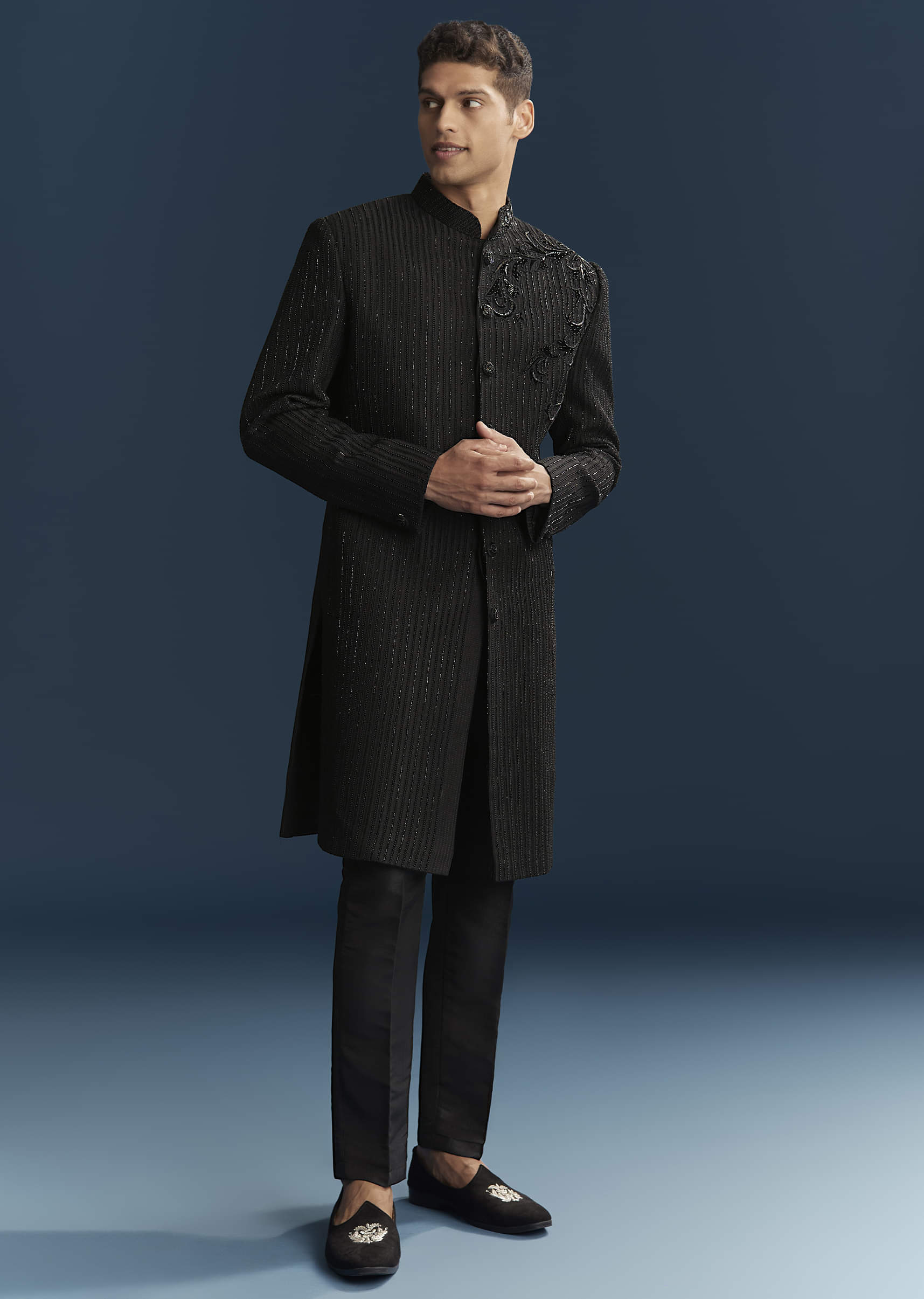 Black Silk Indo Western Set For Men With Patch Work And Embroidery