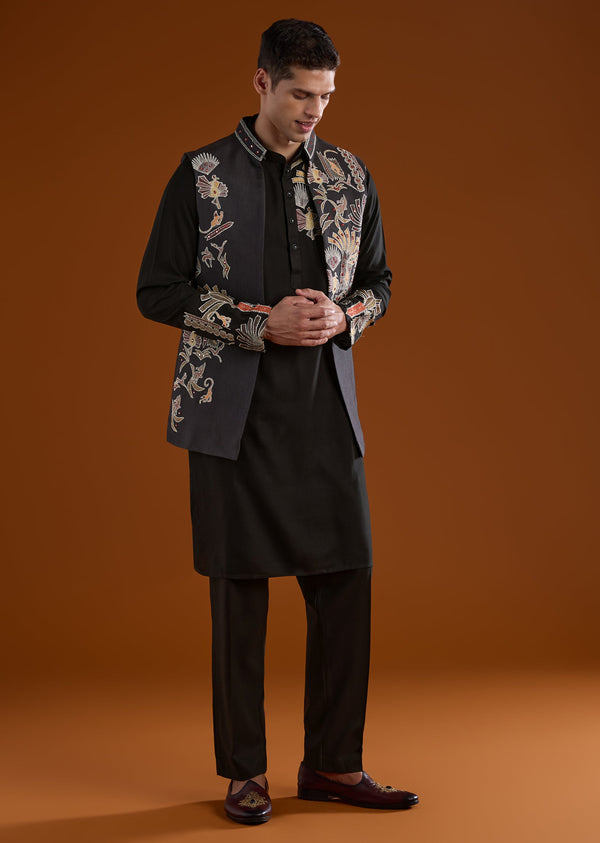 Black Silk Kurta Jacket Set With Thread And Mirror Work