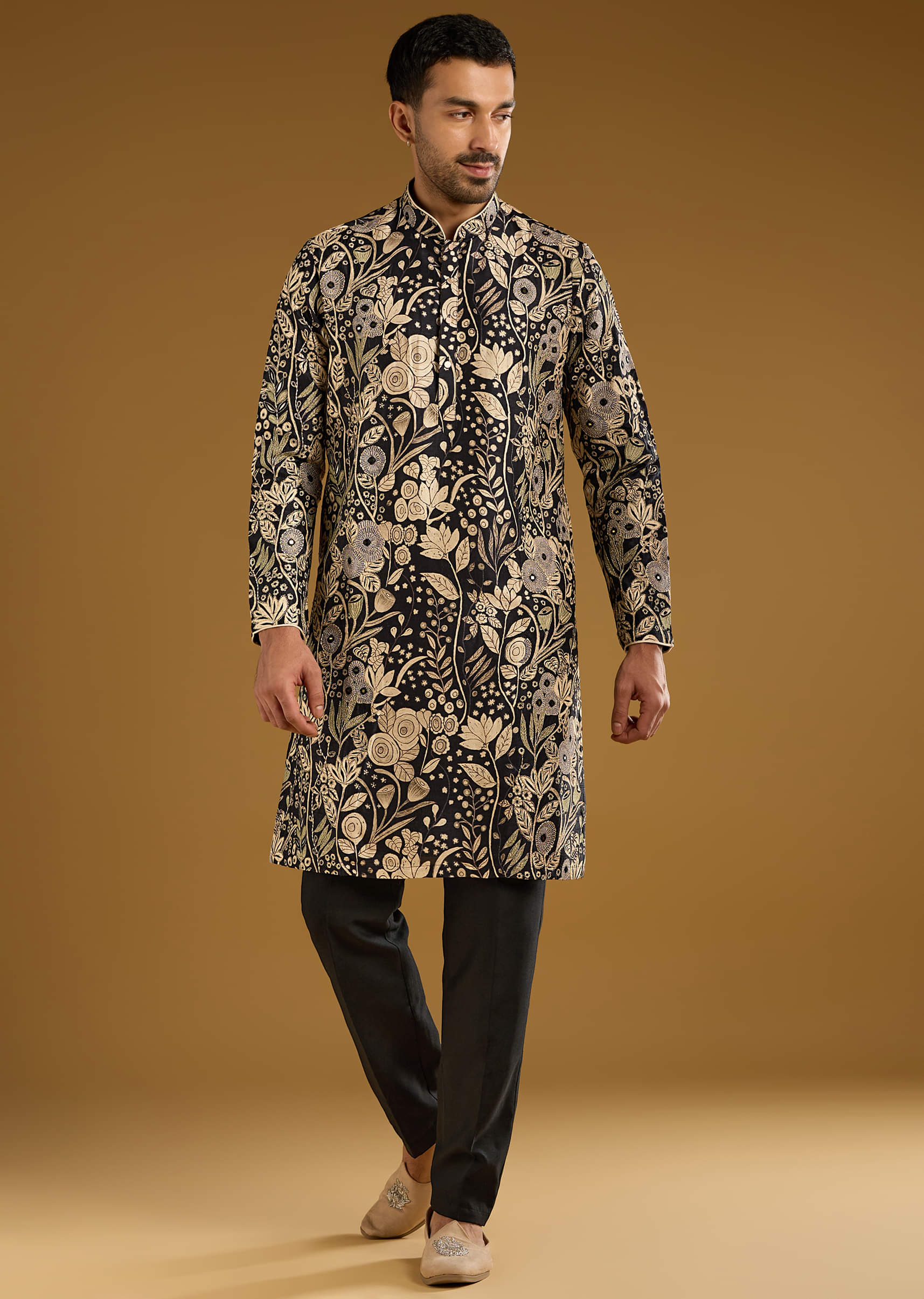 Black Silk Kurta Set For Men With Mirror Work