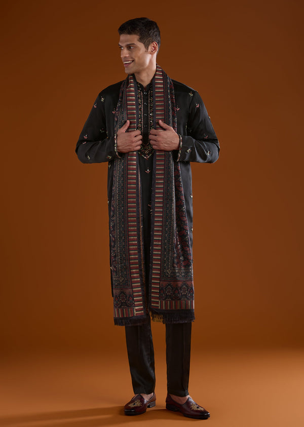 Black Silk Kurta Set With Dupatta And Thread And Mirror Work