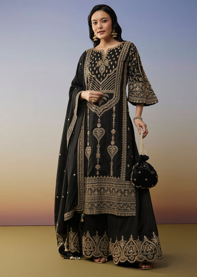 Black Silk Palazzo Suits with Zari Thread and Sequins Work