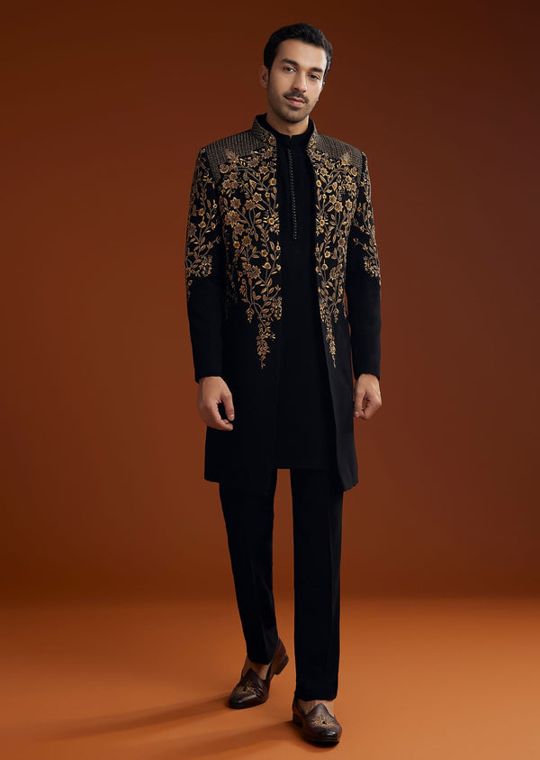Black Suiting Indo Jacket Set With Zardosi Floral Embroidery