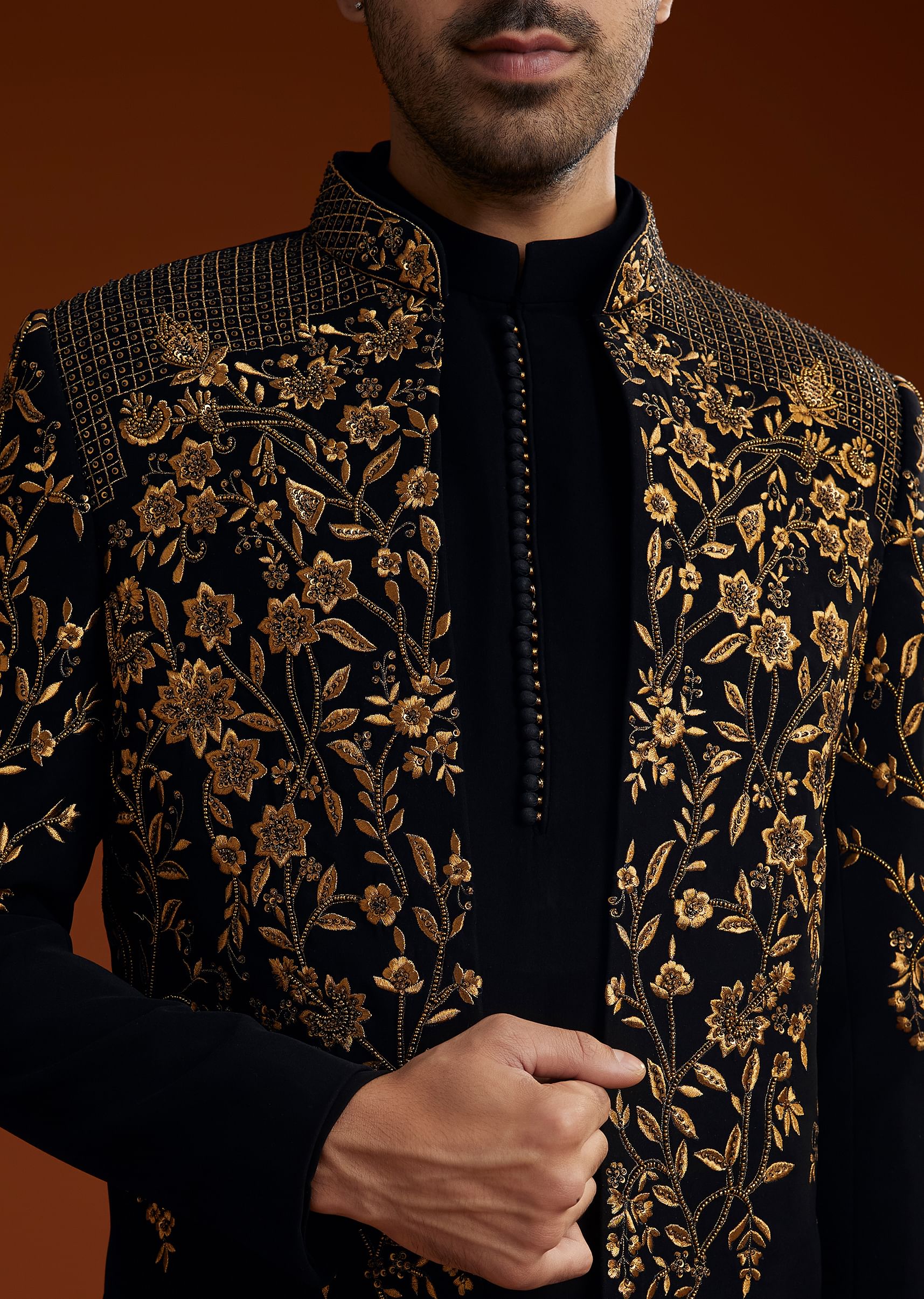 Black Suiting Indo Jacket Set With Zardosi Floral Embroidery