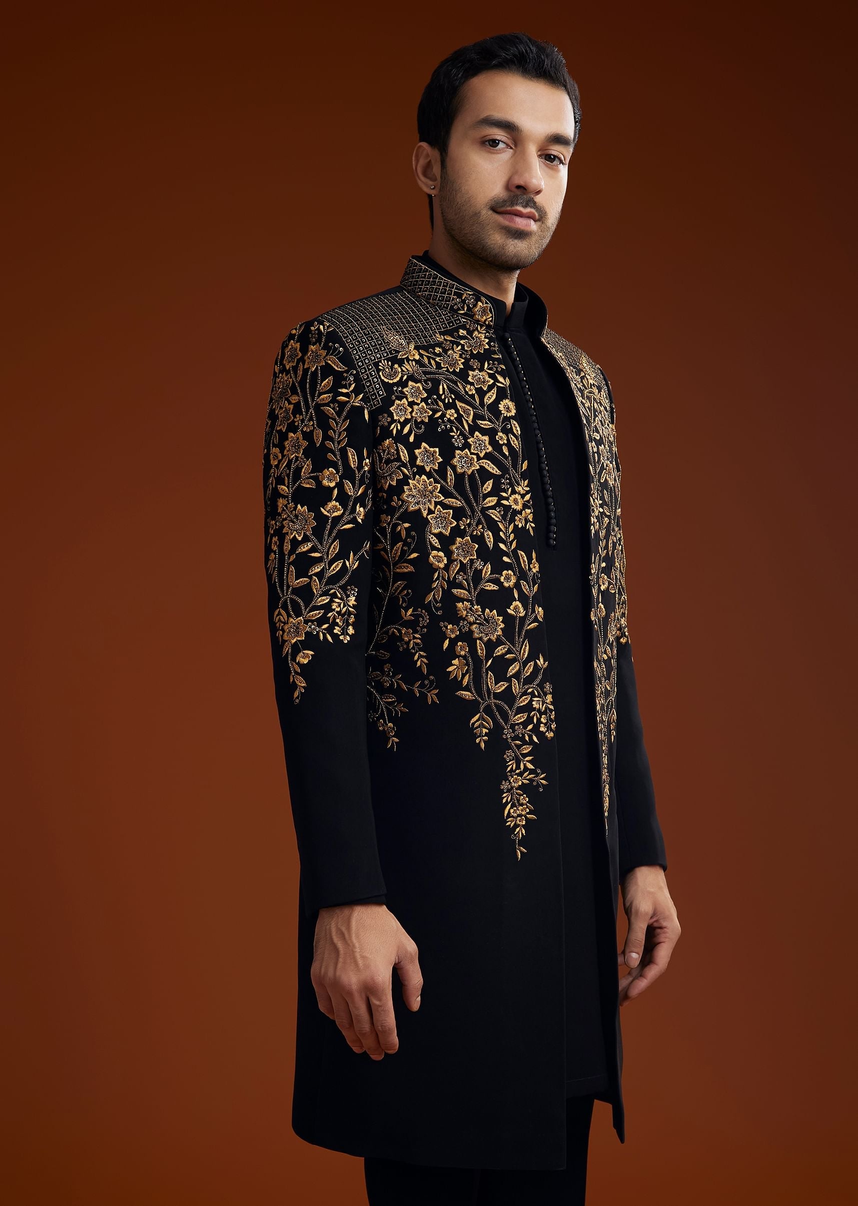 Black Suiting Indo Jacket Set With Zardosi Floral Embroidery