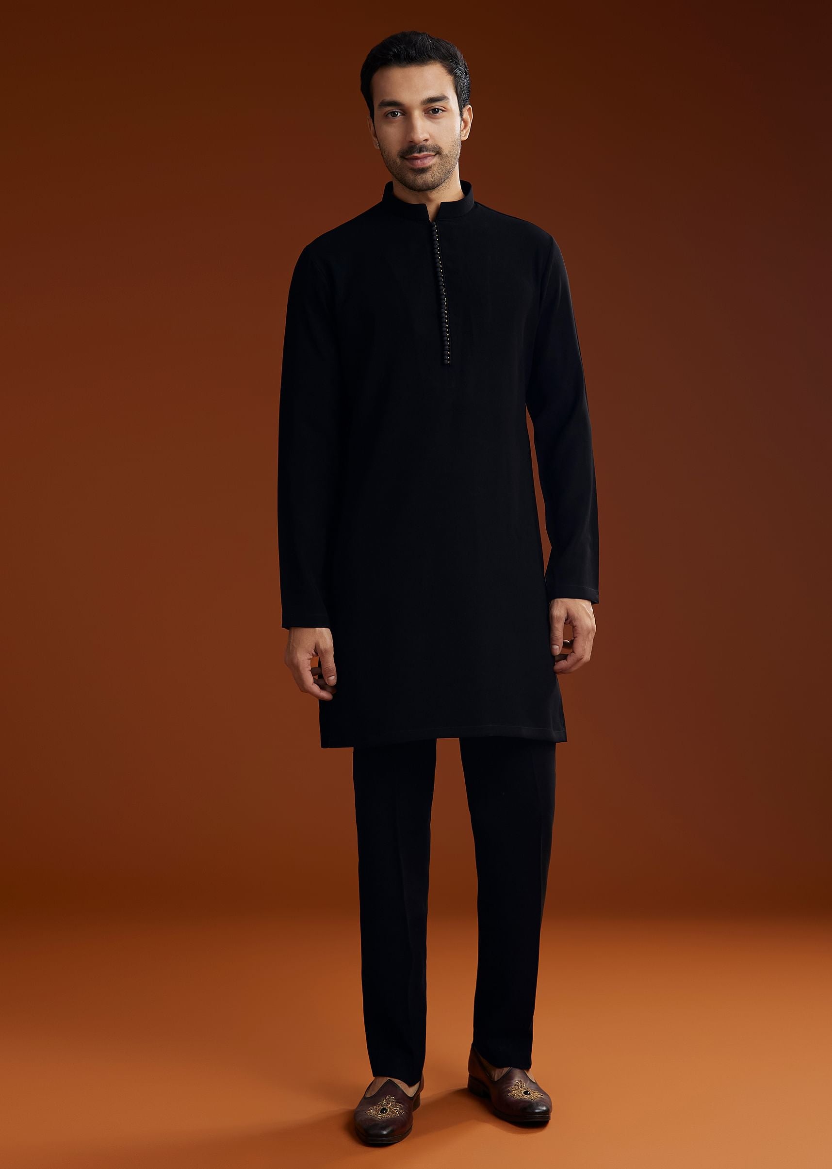 Black Suiting Indo Jacket Set With Zardosi Floral Embroidery