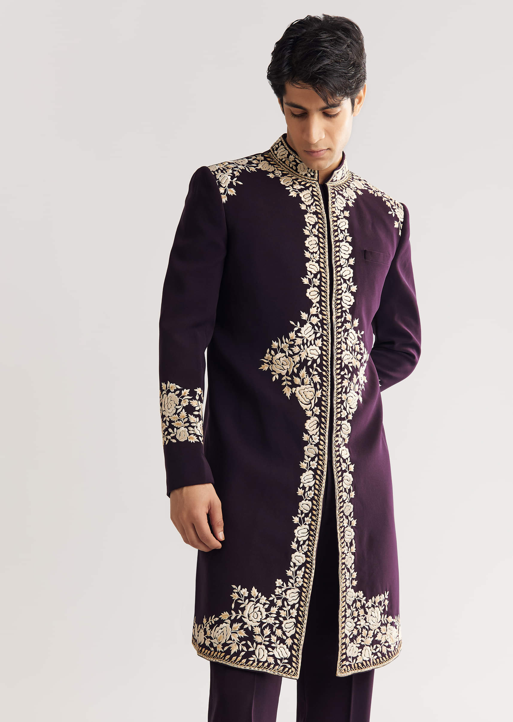 Black Suiting Indo Western With Floral Thread Embroidery