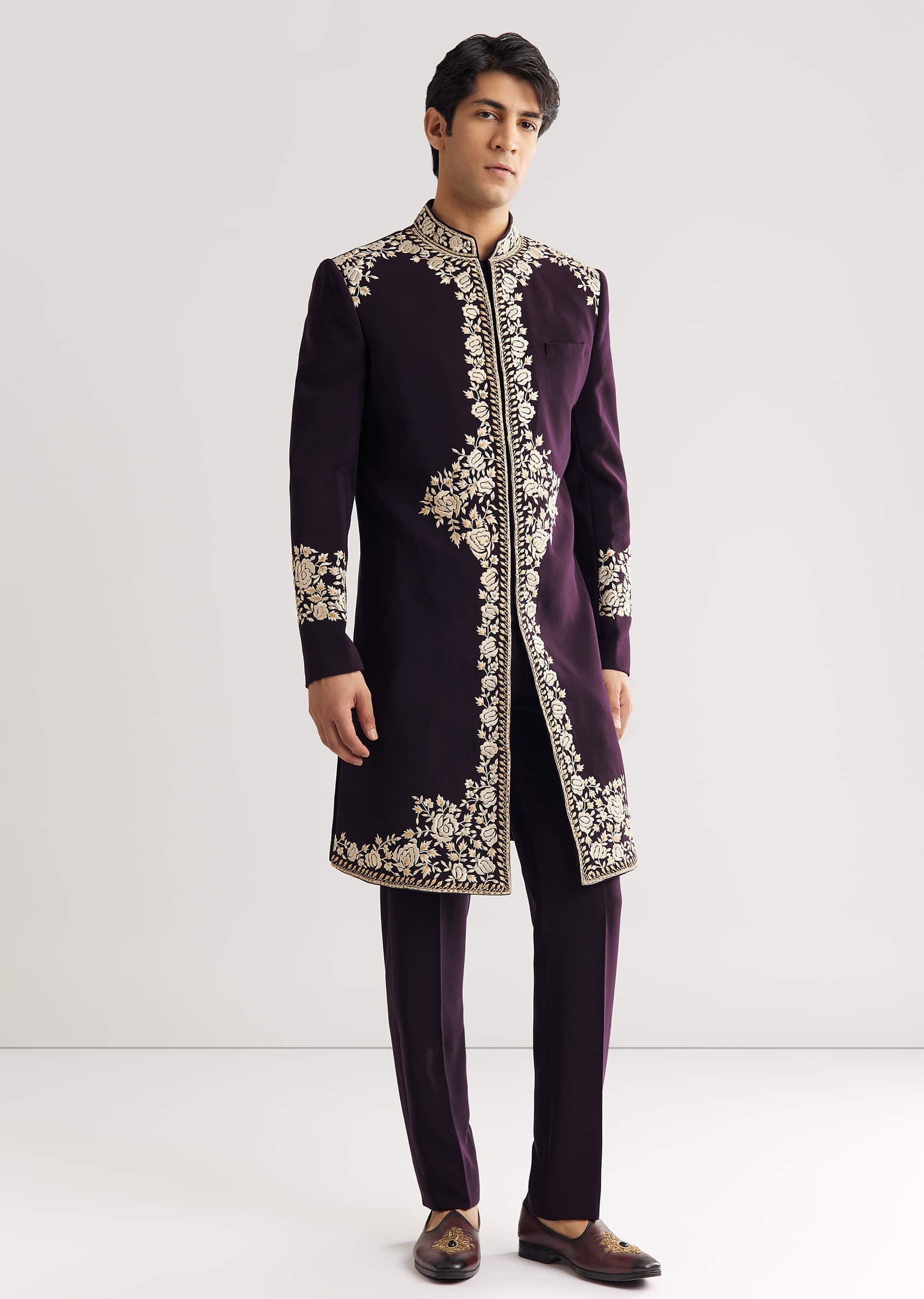 Black Suiting Indo Western With Floral Thread Embroidery