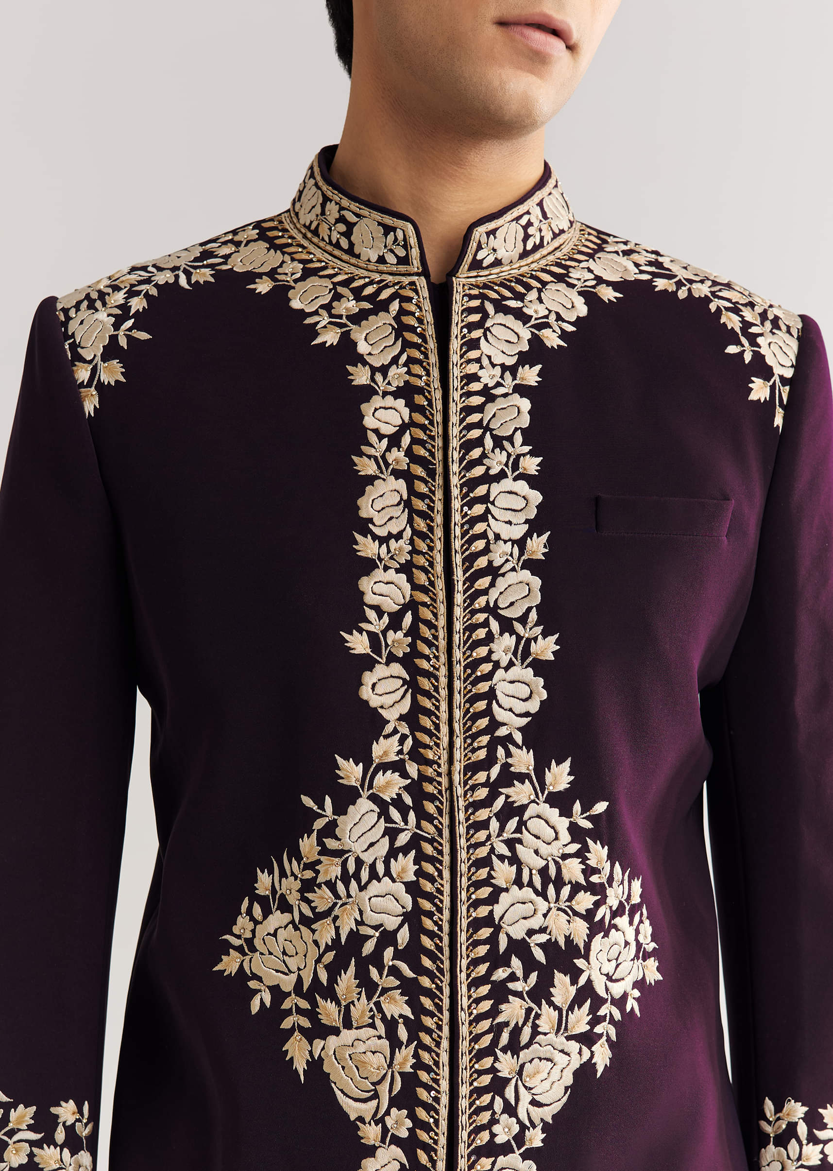 Black Suiting Indo Western With Floral Thread Embroidery