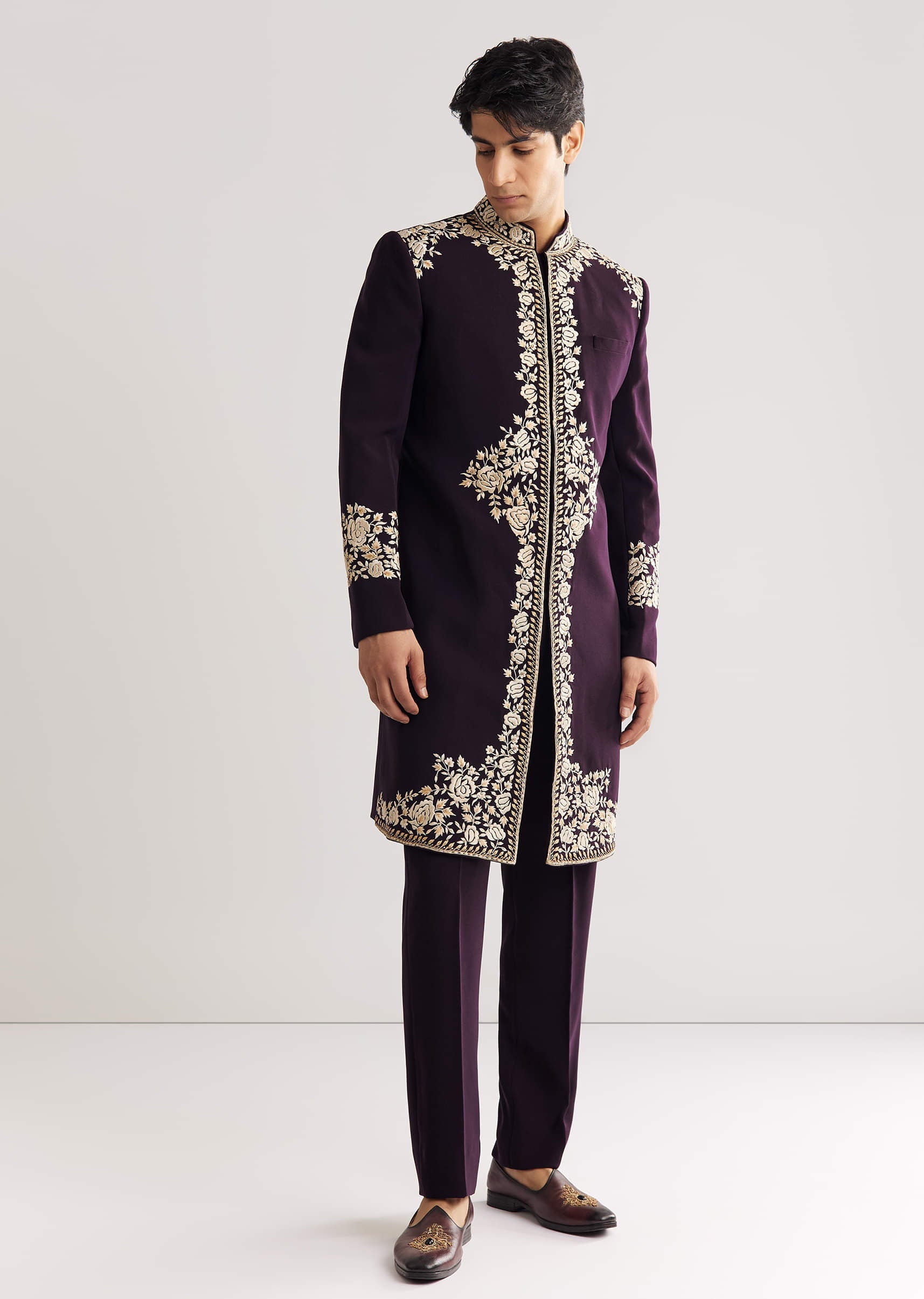 Black Suiting Indo Western With Floral Thread Embroidery