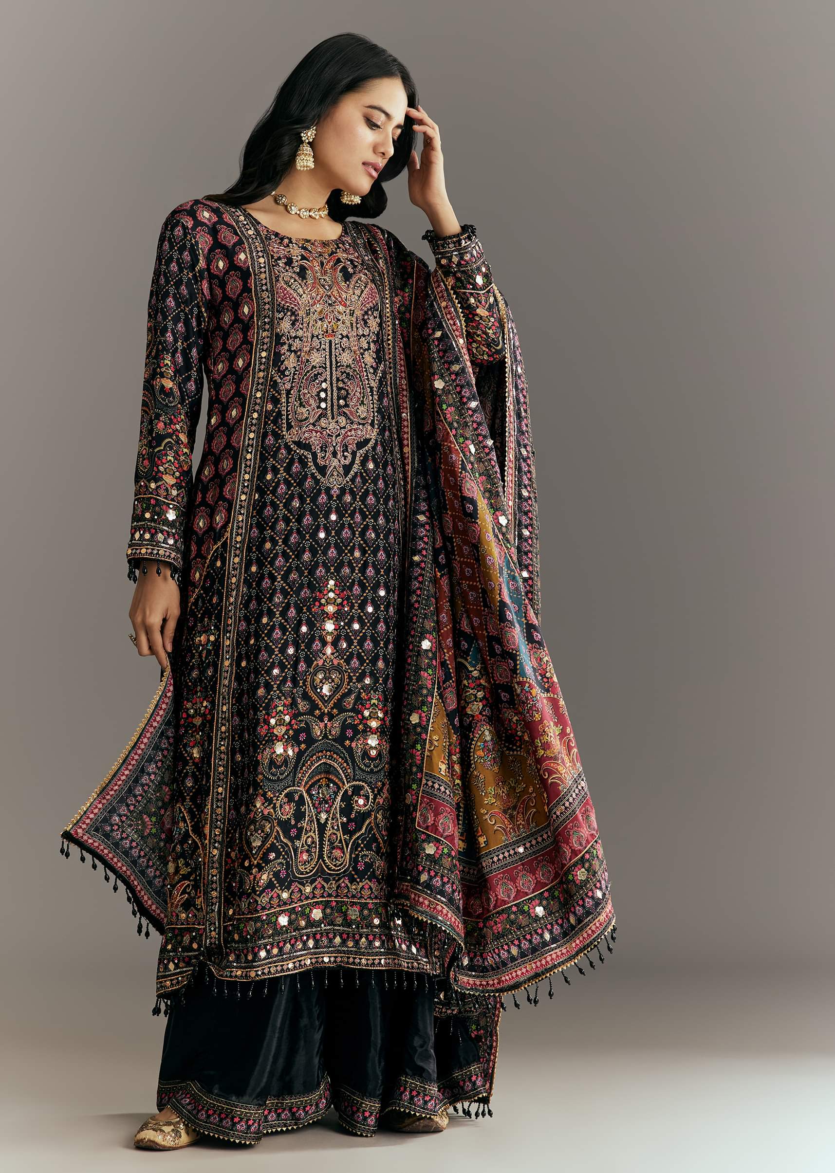 Black Tabby Silk Zari Embroidered Kurta Palazzo With Printed Dupatta