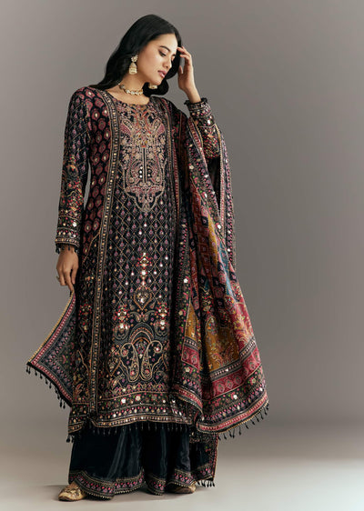 Black Tabby Silk Zari Embroidered Kurta Palazzo With Printed Dupatta