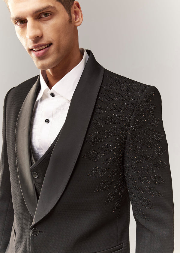 Black Tuxedo Set With Waistcoat And Bead Detailing