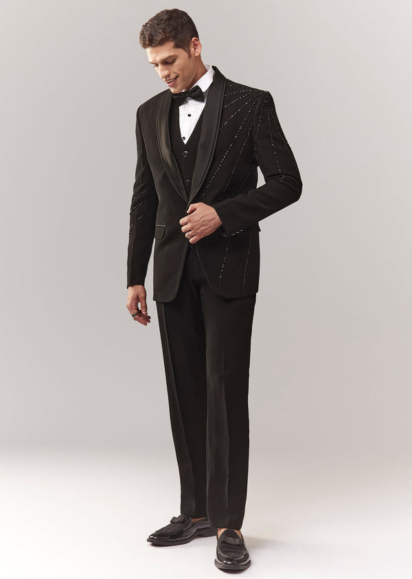 Black Tuxedo Set With Waistcoat Cutdana And Stone Work