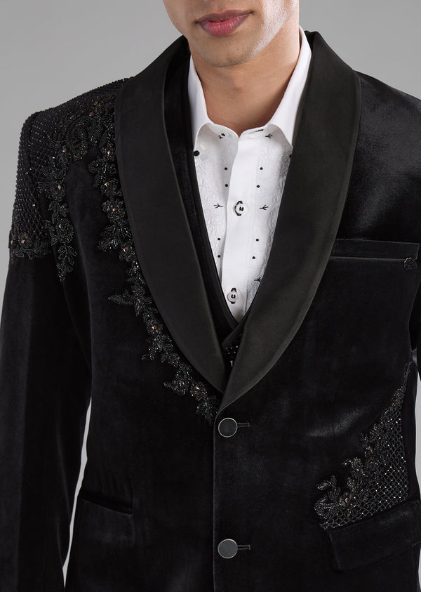Black Velvet Bead Embellished Tuxedo and Bow Set
