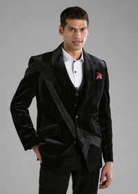 Textured Blacl Velvet Tuxedo Set With Bow Tie