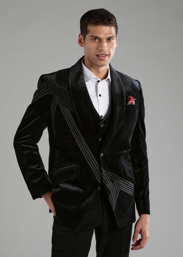 Textured Blacl Velvet Tuxedo Set With Bow Tie