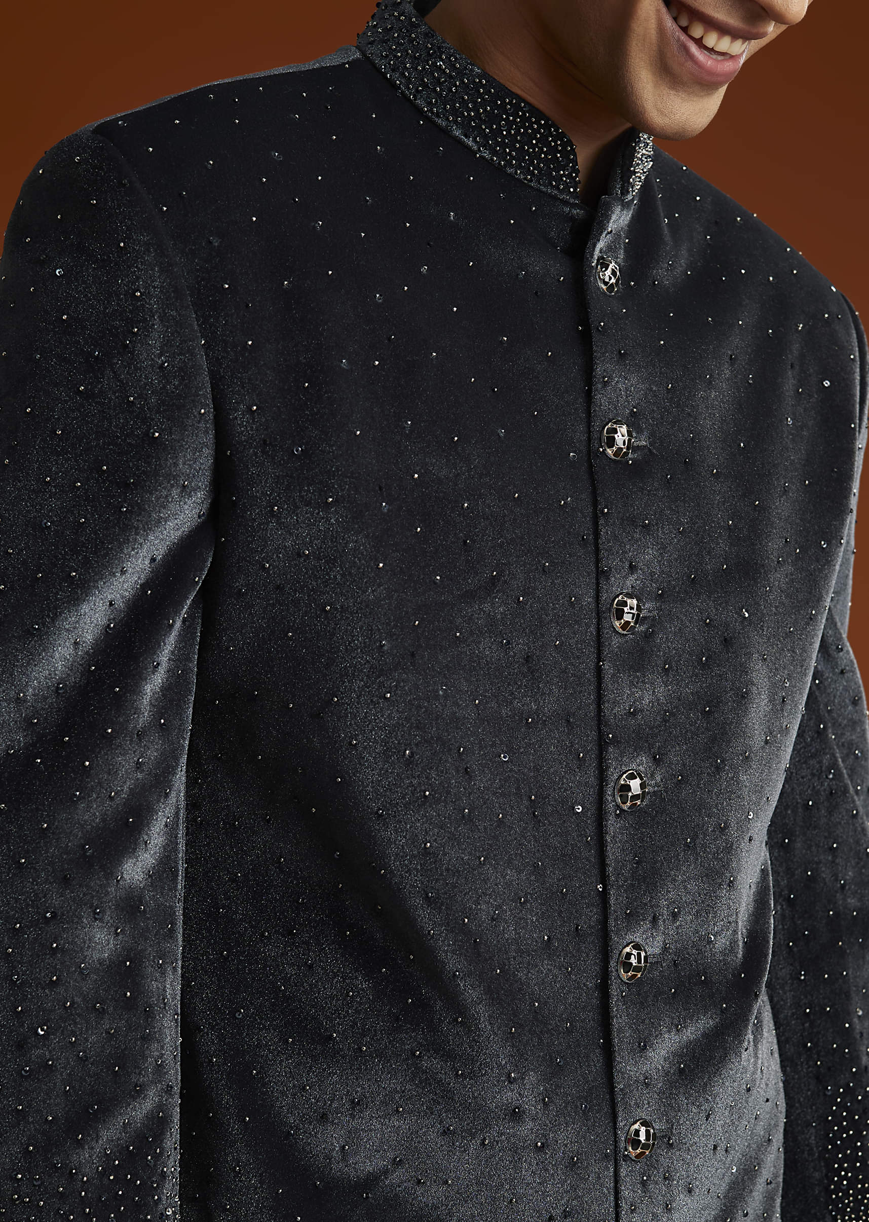 Black Velvet Indo Western Set For Men With Stone Work