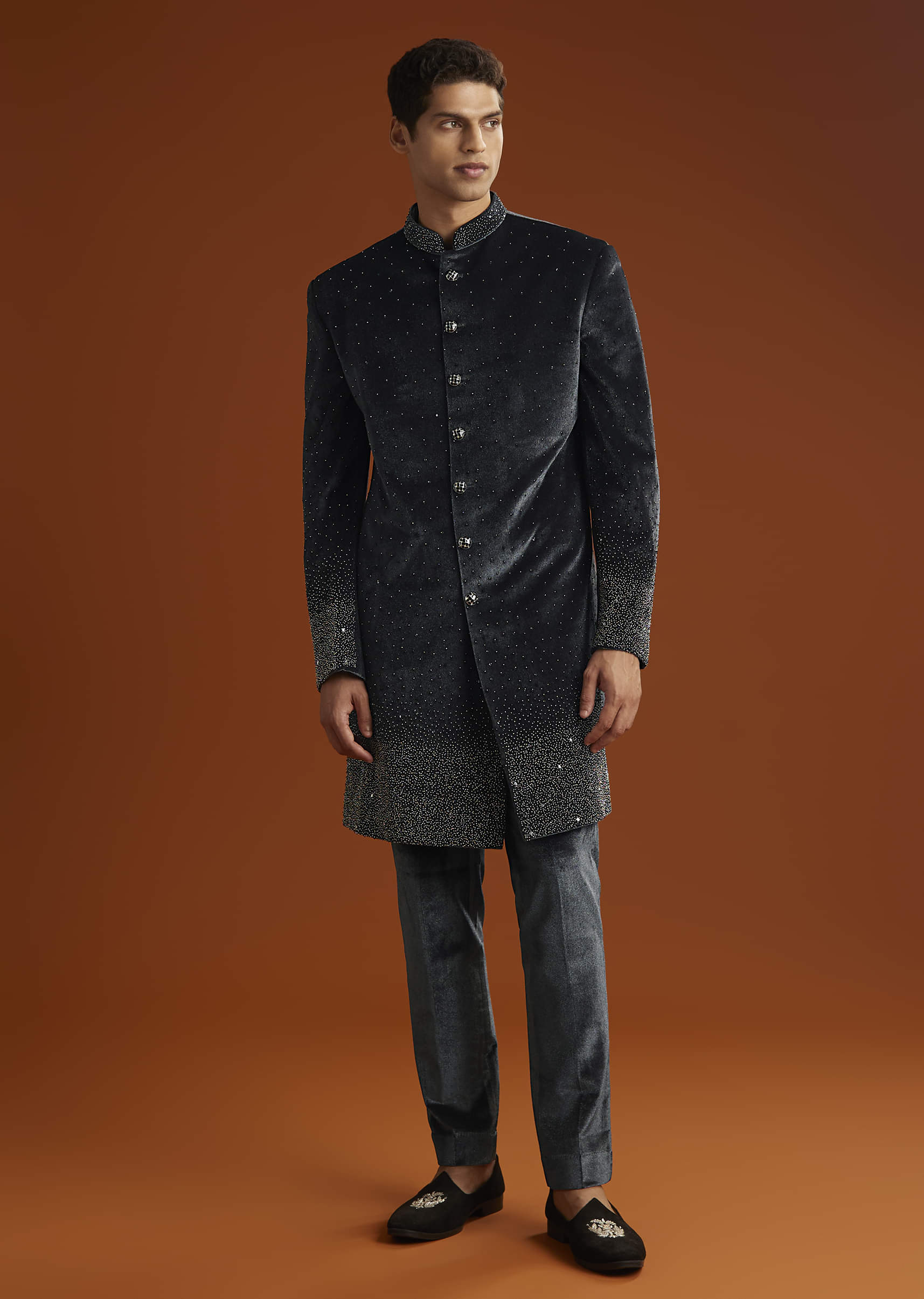 Black Velvet Indo Western Set For Men With Stone Work
