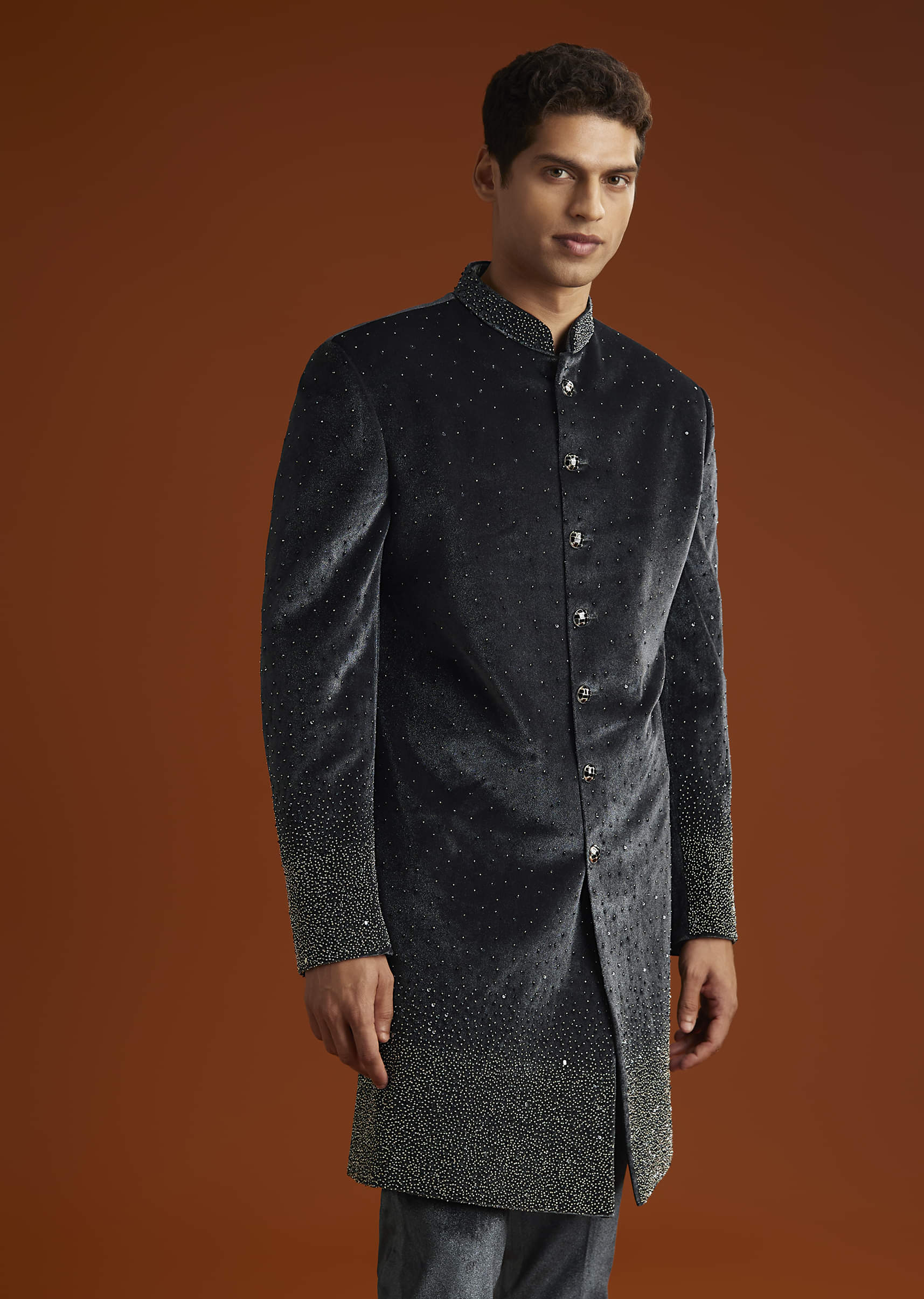 Black Velvet Indo Western Set For Men With Stone Work