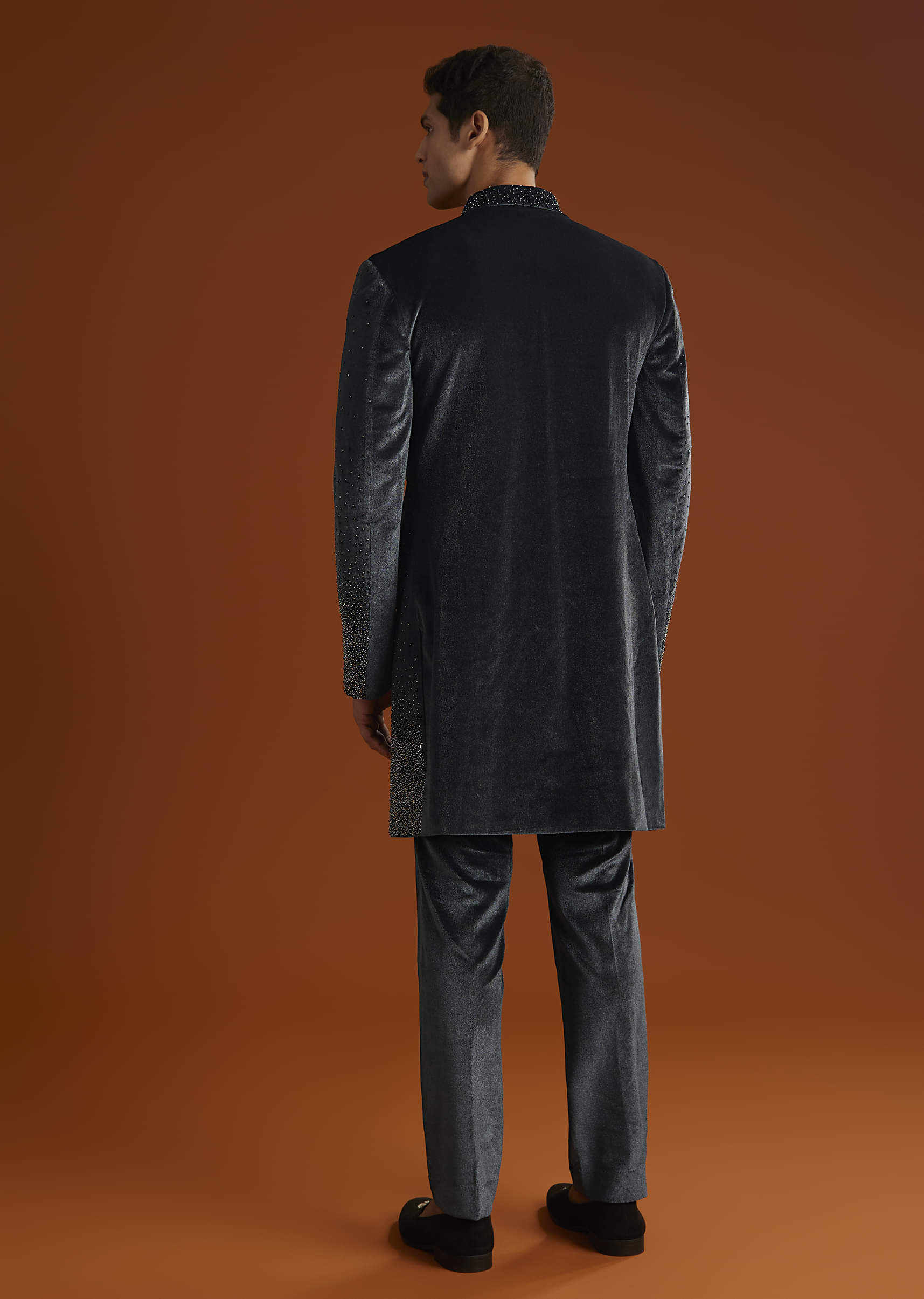 Black Velvet Indo Western Set For Men With Stone Work