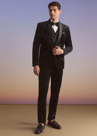 Black Velvet Tuxedo Set With Cutwork And Bead Embroidery