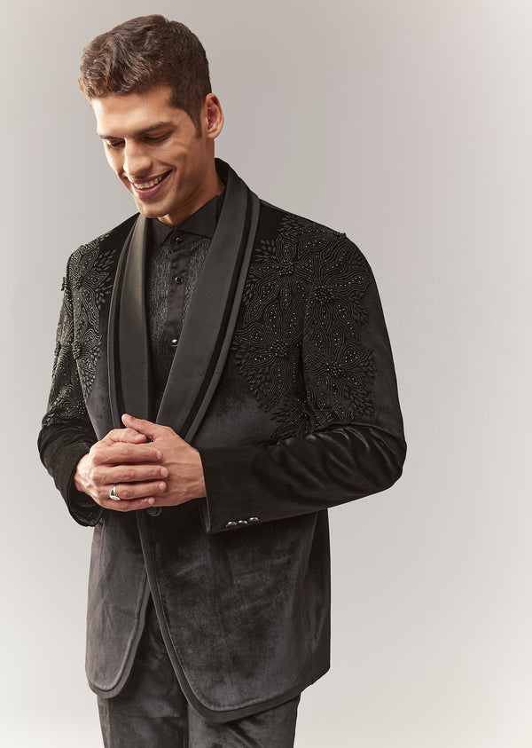 Black Velvet Tuxedo With Beads And Resham Work