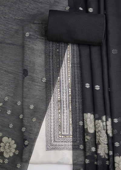 Black Woven Linen Unstitched Suit Set With Dupatta