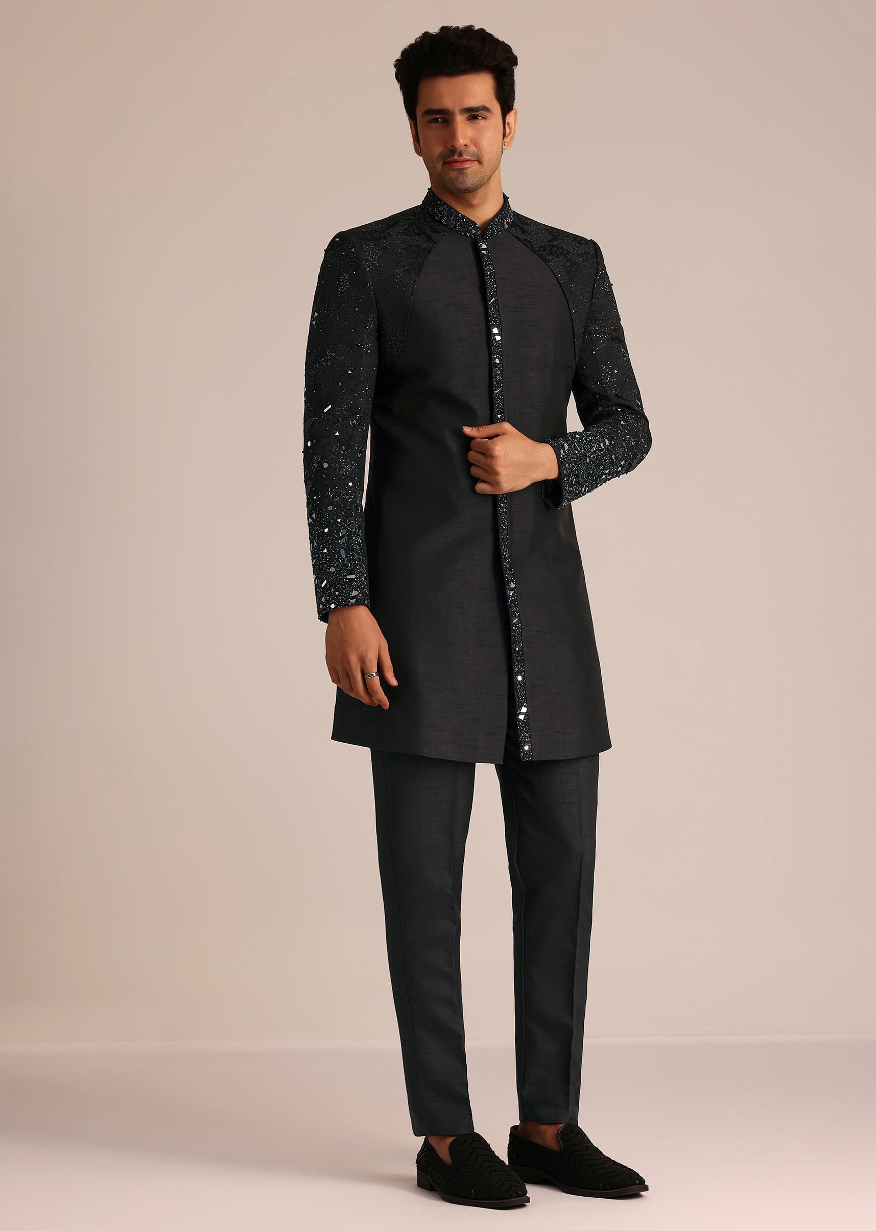 Black Indo Western Set With Mirror Work