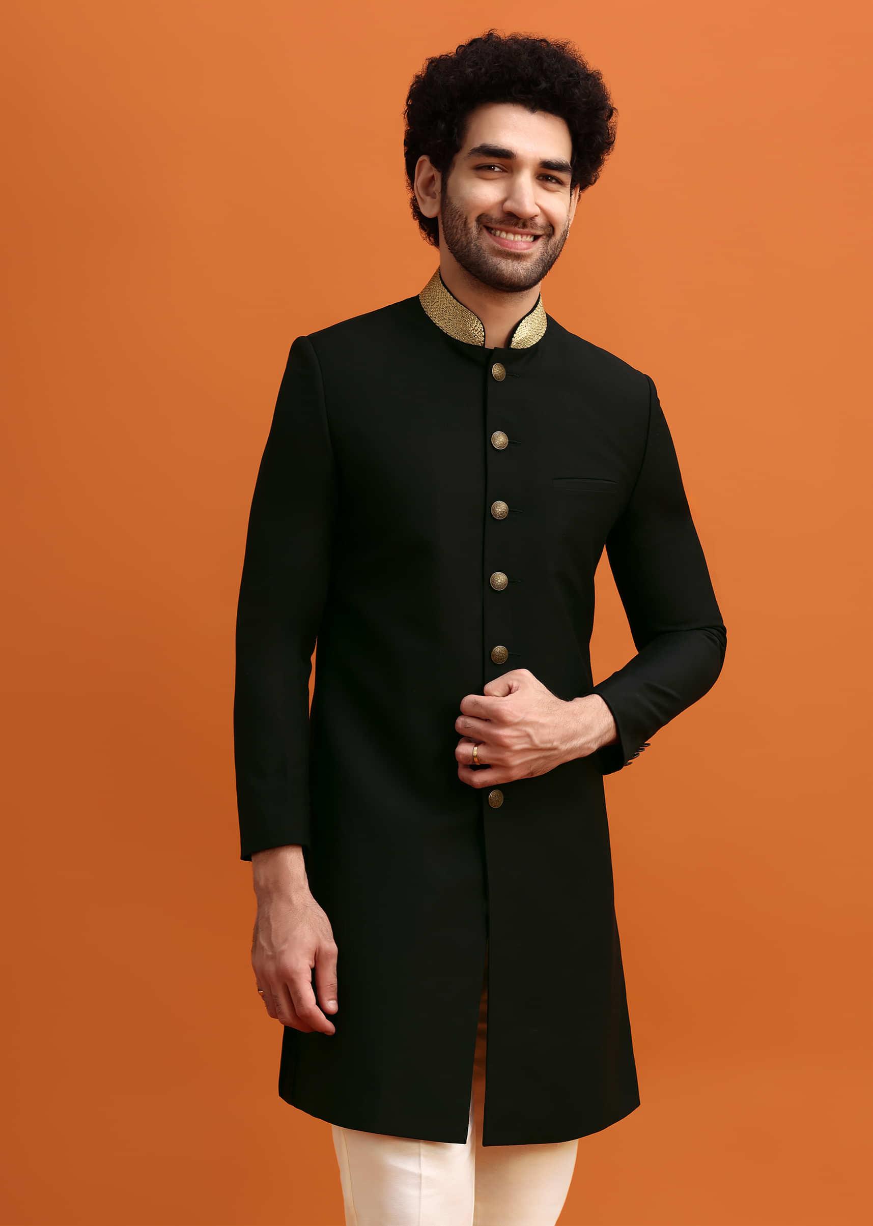 Black Indowestern Set With Zari Work For Men