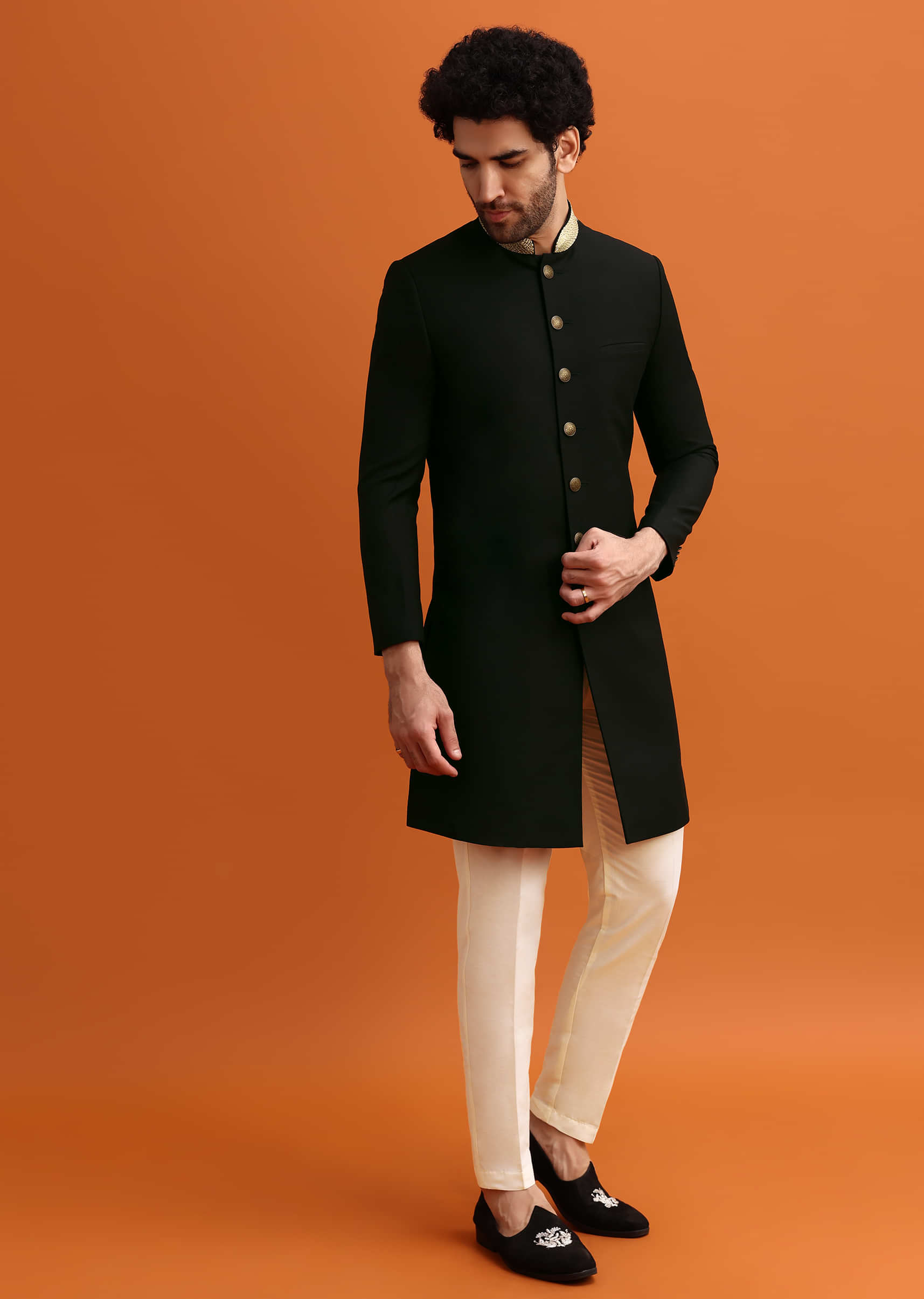 Black Indowestern Set With Zari Work For Men