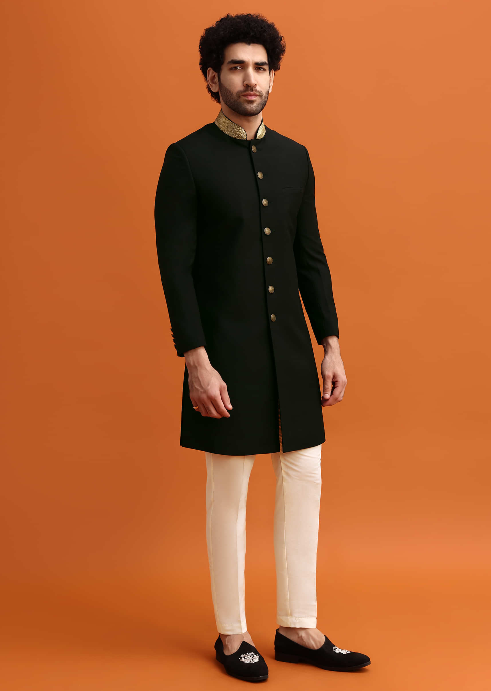Black Indowestern Set With Zari Work For Men