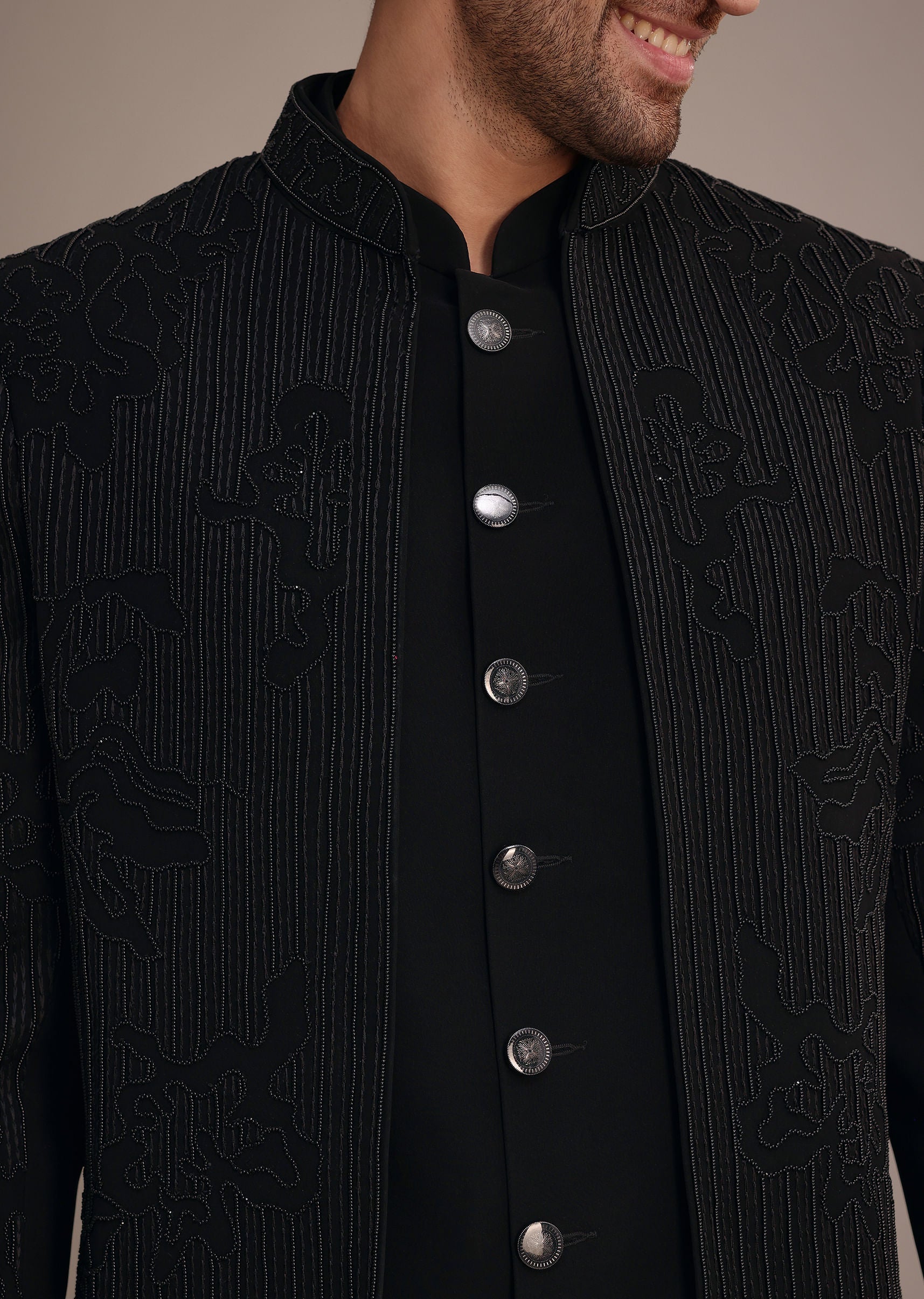 Black Indowestern Suit With Poth Work